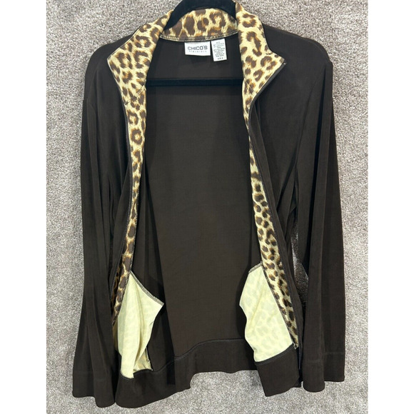 Chicos Travelers Jacket Womens 2 Large 12 Brown Animal Print Acetate Slinky Zip - Picture 4 of 7